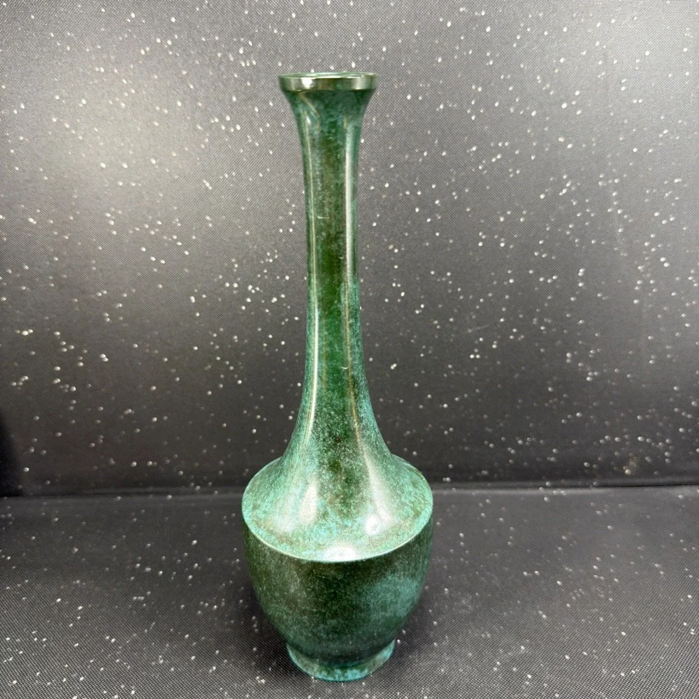 Vintage 1967 Japanese Verdigris Bud Vase Long Neck Mid Century Modern 9.5Inch
